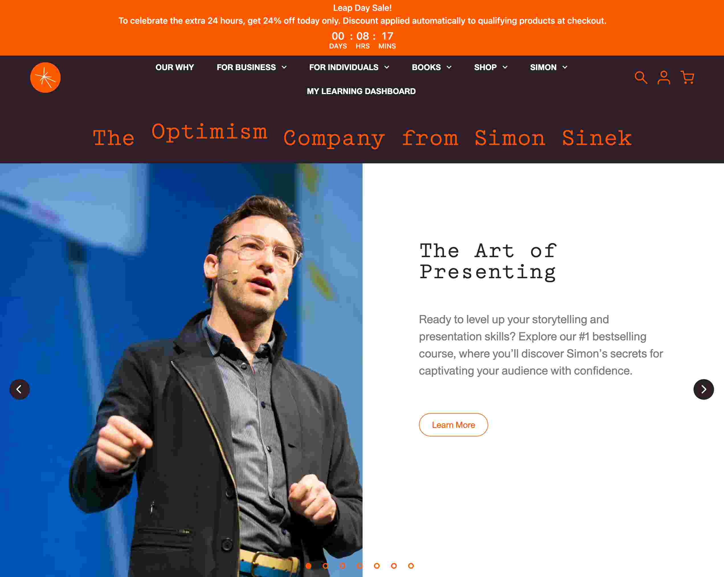 simon sinek's homepage showcasing thought leadership