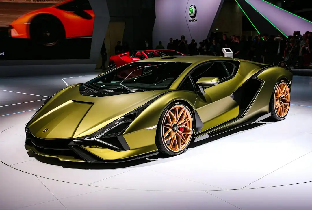 green sports lamborghini coupe on at geneva motor show