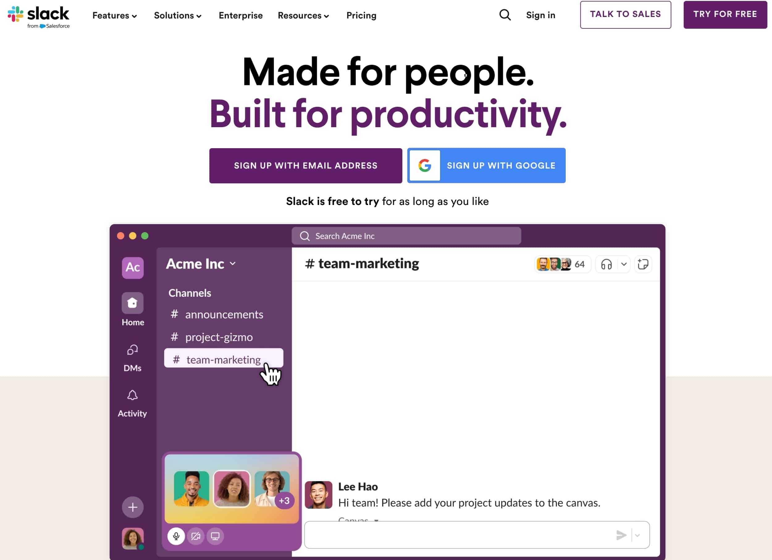 Slack B2C homepage